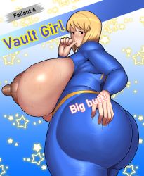 Rule 34 | 1girl, ass, blonde hair, breasts, fallout (series), fallout 4, female focus, highres, mob face, nipples, solid oval eyes, text focus, vault girl, ponkotsu (robolobo4956)