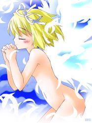 Rule 34 | 1girl, blonde hair, closed eyes, feathers, hair ribbon, noto (soranoto), nude, own hands clasped, own hands together, ribbon, short hair, solo