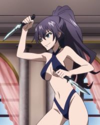 Rule 34 | 1girl, akuma no riddle, angry smile, bikini, breasts, closed mouth, criss-cross halter, dual knives, dual wielding, female focus, green eyes, halterneck, holding, holding weapon, knife, long hair, medium breasts, navel, one-piece swimsuit, ponytail, purple hair, slingshot swimsuit, smile, swimsuit, takechi otoya, weapon