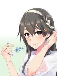 Rule 34 | 1girl, alakoala, alternate costume, artist name, black hair, brown eyes, dated, earrings, hair ornament, hairband, hairclip, haruna (kancolle), highres, jewelry, kantai collection, long hair, looking at viewer, shirt, short sleeves, simple background, solo, white background, white hairband, white shirt