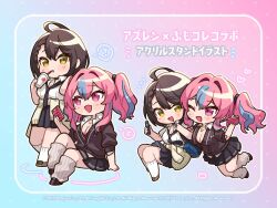 Rule 34 | 2girls, ?, azur lane, bag, baltimore (after-school ace) (azur lane), baltimore (azur lane), blue hair, braid, bremerton (azur lane), brown hair, cellphone, chibi, eighth note, highres, holding, holding phone, long hair, multicolored hair, multiple girls, musical note, nokachoco114, official alternate costume, official art, one eye closed, open mouth, phone, pink eyes, pink hair, pleated skirt, school bag, school uniform, shirt, short hair, skirt, smartphone, smile, streaked hair, sweater, twintails, white shirt, yellow eyes