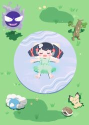 Rule 34 | 1girl, :d, ^ ^, barefoot, black hair, blush, chibi, closed eyes, closed mouth, commentary request, creatures (company), crossover, dress, facing viewer, fangs, flower, from above, full body, gaaruru (pripara), game freak, gastly, gen 1 pokemon, gen 2 pokemon, gen 3 pokemon, grass, green dress, highres, long hair, lying, nintendo, on back, open mouth, outdoors, outstretched arms, pichu, pillow, pokemon, pokemon (creature), pokemon sleep, pretty series, pripara, sleeping, sleeveless, sleeveless dress, smile, spread arms, squirtle, sudowoodo, swablu, tou, twintails, yellow flower