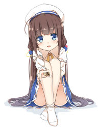 Rule 34 | 10s, 1girl, :d, ahoge, beret, between fingers, blue dress, blue eyes, blush, board game, bobby socks, brown hair, commentary request, dress, feet, full body, hair ribbon, hat, hatsunatsu, head tilt, hinatsuru ai, holding, layered sleeves, long hair, long sleeves, looking at viewer, low twintails, no shoes, open mouth, outstretched arm, ribbon, ryuuou no oshigoto!, school uniform, shogi, short over long sleeves, short sleeves, sitting, smile, socks, solo, twintails, very long hair, white background, white hat, white socks, yellow neckwear, yellow ribbon