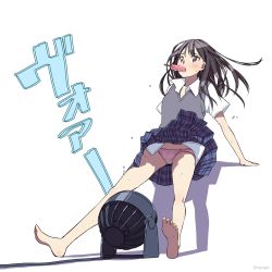 Rule 34 | 1girl, bad id, bad pixiv id, barefoot, black hair, blue skirt, brown eyes, clothes lift, dorsiflexion, electric fan, fanning crotch, food, food in mouth, highres, invisible chair, invisible object, original, panties, pink panties, plaid, plaid skirt, pleated skirt, popsicle, school uniform, shapoco, short sleeves, sitting, skirt, skirt lift, solo, sound effects, sweat, sweater vest, twitter username, underwear, watermark, white background, wind, wind lift