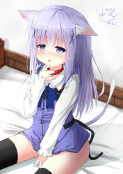 Rule 34 | 1girl, :o, animal ears, bed, between legs, black thighhighs, blue bow, blue bowtie, blue eyes, blue hair, blue vest, blush, bow, bowtie, buttons, cat ears, cat tail, collar, collared shirt, commentary request, flat chest, gochuumon wa usagi desu ka?, hair between eyes, hair ornament, hairclip, hand between legs, hand on own chin, highres, indoors, kafuu chino, kemonomimi mode, kouda suzu, light blue hair, long hair, long sleeves, looking at viewer, no pants, on bed, open mouth, pet play, rabbit house uniform, red collar, shadow, shirt, sidelocks, signature, sitting, solo, tail, thighhighs, vest, white shirt, wing collar, x hair ornament