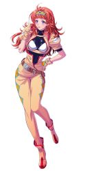 Rule 34 | 1girl, ankle boots, belt, boots, breasts, charlotte hasting, earrings, full body, hand on own hip, index finger raised, jewelry, long hair, medium breasts, orange hair, pink eyes, purple eyes, simple background, smile, solo, super robot wars, super robot wars v, white background