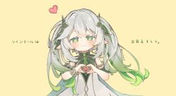Rule 34 | 1girl, alternate hairstyle, blush, bracelet, braid, cape, closed mouth, commentary, cross-shaped pupils, detached sleeves, dress, genshin impact, gold trim, gradient hair, green cape, green eyes, green hair, green sleeves, grey hair, hair between eyes, hair ornament, hands up, heart, heart hands, highres, jewelry, leaf hair ornament, long hair, looking at viewer, mochida, multicolored hair, nahida (genshin impact), pointy ears, simple background, smile, solo, straight-on, symbol-shaped pupils, translated, twitter username, two side up, white dress, yellow background