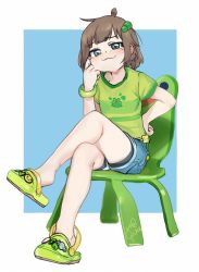 Rule 34 | 1girl, :3, ahoge, blue eyes, blue shorts, blush, brown hair, cat smile, chair, child, denim, denim shorts, freckles, full body, girutea, green chair, green eyes, green footwear, green hair ornament, green wristband, hair ornament, hand on own cheek, hand on own face, hand up, highres, indie virtual youtuber, knees, lily hopkins, looking at viewer, looking down, medium hair, messy hair, nose, sandals, shirt, shoe dangle, shorts, sitting, smug, striped clothes, striped shirt, tagme, thighs, virtual youtuber, wristband