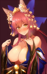 Rule 34 | 10s, 1girl, animal ears, areola slip, bare shoulders, bell, blush, bow, breasts, breath, choker, cleavage, closed mouth, fate/extra, fate (series), fox ears, hair bell, hair between eyes, hair bow, hair ornament, heart, heart-shaped pupils, heavy breathing, japanese clothes, kimono, large breasts, long hair, looking at viewer, off shoulder, official alternate costume, pink hair, purple background, sexually suggestive, shiny skin, simple background, smile, solo, symbol-shaped pupils, tamamo no mae (fate/extra), tamamo no mae (third ascension) (fate), tokiwa mmm, undressing, wide sleeves, yellow eyes
