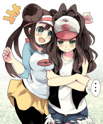 Rule 34 | +++, ..., 2girls, :d, arm up, baseball cap, big hair, black legwear, black vest, blue eyes, blush, breasts, brown hair, closed mouth, commentary request, cowboy shot, creatures (company), crossed arms, cutoffs, denim, denim shorts, double bun, exposed pocket, game freak, green eyes, hair bun, half-closed eyes, hand up, hat, hilda (pokemon), long hair, looking at another, medium breasts, multiple girls, nintendo, open mouth, outstretched arm, pantyhose, pantyhose under shorts, pokemon, pokemon bw, pokemon bw2, raglan sleeves, rakkogawa rinro, rosa (pokemon), shirt, short shorts, shorts, sleeveless, sleeveless shirt, small breasts, smile, spoken ellipsis, twintails, vest, visor cap, white shirt, yellow shorts