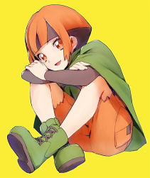 Rule 34 | 00s, 1girl, boots, cape, capelet, creatures (company), game freak, gardenia (pokemon), green capelet, green footwear, gym leader, indian style, kurochiroko, looking at viewer, matching hair/eyes, nintendo, open mouth, orange eyes, orange hair, pokemon, pokemon dppt, short hair, shorts, sitting, solo, yellow background