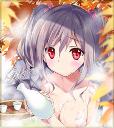 Rule 34 | 10s, 1girl, alcohol, autumn, autumn leaves, basin, bathing, blurry, blush, border, bottle, breasts, choko (cup), collarbone, completely nude, convenient censoring, cup, depth of field, female focus, foam, grey hair, hair between eyes, hair ornament, idolmaster, idolmaster cinderella girls, kanzaki ranko, light smile, long hair, looking at viewer, nude, onsen, partially submerged, pouring, raised eyebrows, red eyes, rei (rei&#039;s room), rock, sake, sake bottle, short hair, sidelocks, signature, smile, soap bubbles, soap censor, solo, steam, thank you, tokkuri, topless frame, twintails, upper body, water, wet