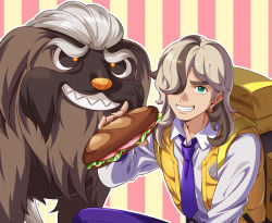 Rule 34 | 1boy, arven (pokemon), backpack, bag, bread, brown hair, collared shirt, commentary request, creatures (company), dog, food, game freak, gcckg, green eyes, grin, hand up, highres, holding, holding food, lettuce, long hair, mabosstiff, male focus, necktie, nintendo, open clothes, open vest, pokemon, pokemon (creature), pokemon sv, purple necktie, sandwich, shirt, smile, teeth, vest, yellow bag, yellow vest