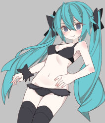 Rule 34 | 1girl, black bra, black panties, black thighhighs, blue eyes, blue hair, bow, bra, commentary, cowboy shot, fang, grey background, hair bow, happy cream, hatsune miku, lingerie, long hair, panties, smile, solo, thighhighs, twintails, underwear, very long hair, vocaloid, wristband