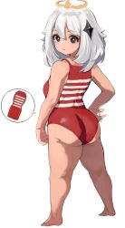 Rule 34 | 1girl, absurdres, ass, blue eyes, child, facing away, feet, genshin impact, grey hair, hair ornament, halo, hand on own hip, highres, legs, looking at viewer, mamimi (mamamimi), one-piece swimsuit, paimon (genshin impact), personification, red one-piece swimsuit, shortstack, simple background, standing, striped clothes, striped one-piece swimsuit, swimsuit, tenga, thick thighs, thighs, thought bubble, white background, white hair