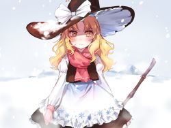 Rule 34 | apron, black dress, blonde hair, blurry, blush, bow, braid, depth of field, dress, expressionless, frilled dress, frills, gloves, hair bow, hat, hidden star in four seasons, highres, juliet sleeves, kirisame marisa, long sleeves, looking at viewer, messy hair, mountain, outdoors, pink gloves, pink scarf, puffy sleeves, scarf, serious, side braid, snow, snowing, solo, tis (shan0x0shan), touhou, waist apron, wavy hair, witch hat, yellow eyes