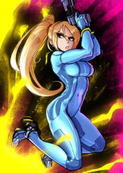 Rule 34 | 1girl, blonde hair, blue bodysuit, blue eyes, bodysuit, breasts, commentary, covered navel, english commentary, full body, gingrjoke, gun, high heels, high ponytail, highres, holding, holding gun, holding weapon, long hair, looking away, metroid, mole, mole under mouth, nintendo, ponytail, samus aran, skin tight, solo, super smash bros., symbol-only commentary, v-shaped eyebrows, weapon, zero suit
