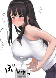 Rule 34 | ..., 1girl, blue eyes, blush, breast press, breasts, commentary request, hair ornament, hairclip, huge breasts, kaisen chuui, large breasts, long sleeves, original, simple background, sleeveless, sleeveless sweater, solo, spoken ellipsis, sweater, thought bubble, white background, white sweater