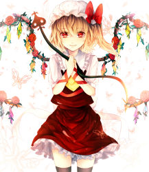 Rule 34 | 1girl, arm ribbon, ascot, backlighting, bad id, bad pixiv id, black thighhighs, blonde hair, bow, bug, butterfly, daimaou ruaeru, flandre scarlet, flower, hat, hat bow, highres, insect, laevatein, looking at viewer, mob cap, petals, red eyes, red flower, red rose, ribbon, rose, shirt, side ponytail, skirt, skirt set, smile, solo, thighhighs, touhou, vest, wings, zettai ryouiki