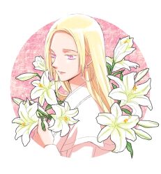 Rule 34 | 1girl, blonde hair, chinese clothes, closed mouth, earrings, floral background, flower, from side, hanfu, holding, holding flower, hoop earrings, itoyoshi (koiyuri), jewelry, juuni kokuki, lily (flower), long hair, long sleeves, looking at viewer, outside border, parted bangs, pink background, purple eyes, round image, sairin (juuni kokuki), smile, solo, straight hair, white flower
