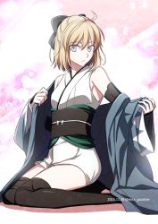Rule 34 | 10s, 1girl, 2015, ahoge, arm warmers, artist name, artoria pendragon (all), artoria pendragon (fate), bare shoulders, black bow, black thighhighs, blonde hair, bow, closed mouth, dated, expressionless, eyebrows, fate (series), full body, hair between eyes, hair bow, japanese clothes, kimono, koha-ace, long sleeves, looking at viewer, nina (pastime), okita souji (fate), okita souji (koha-ace), purple eyes, saber (fate), sash, shinsengumi, short hair, short kimono, sitting, sleeveless, sleeveless kimono, solo, thighhighs, thighs, undressing, wariza, wide sleeves, yellow eyes, zettai ryouiki
