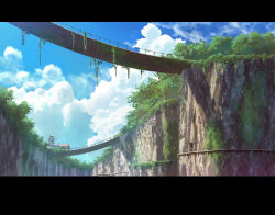 absurdres blue_sky bridge building cliff cloud cloudy_sky commentary_request cumulonimbus_cloud day foliage highres letterboxed moss no_humans original outdoors plant railing scenery sky sumassha_t_t vines