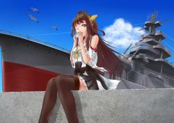 Rule 34 | 10s, 1girl, absurdres, bird, boots, ccjn, cloud, day, headwear request, highres, kantai collection, kongou (kancolle), nontraditional miko, seagull, ship, sitting, sky, smile, solo, thigh boots, thighhighs, watercraft, zettai ryouiki