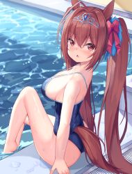 Rule 34 | 1girl, absurdres, animal ears, arm support, bare legs, bare shoulders, barefoot, blue one-piece swimsuit, blush, bow, breasts, brown eyes, brown hair, commentary request, daiwa scarlet (umamusume), fang, from behind, hair between eyes, hair bow, hair intakes, hair ornament, highres, horse ears, horse girl, horse tail, knee up, large breasts, long hair, looking at viewer, mannack, one-piece swimsuit, pool, red bow, school swimsuit, sidelocks, sitting, skin fang, soaking feet, solo, swimsuit, tail, tiara, triangle mouth, twintails, umamusume, very long hair, water, wet