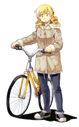 Rule 34 | 10s, 1girl, bicycle, blonde hair, casual, coat, denim, drill hair, fur trim, hobbang, jacket, jeans, mahou shoujo madoka magica, mahou shoujo madoka magica (anime), pants, shoes, sneakers, solo, tomoe mami, twin drills, twintails, yellow eyes