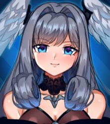 Rule 34 | 1girl, bare shoulders, black dress, blue eyes, blush stickers, breasts, cleavage, detached collar, dress, grey hair, head wings, jewelry, long hair, melia antiqua, necklace, o-ring, sleeveless, smile, solo, upper body, white wings, wings, xenoblade chronicles (series), xenoblade chronicles 3, yagi (kyuhyun)