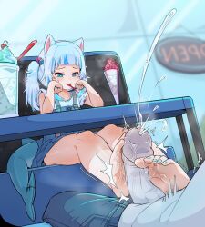 Rule 34 | 1boy, 1girl, animal ears, barefoot, blue eyes, blue hair, blue skirt, blunt bangs, cat ears, cube hair ornament, cum, ejaculation, feet, fins, fish tail, footjob, foreshortening, frilled sleeves, frills, gawr gura, gawr gura (casual), grey hair, hair ornament, heart, heart-shaped pupils, hetero, highres, hololive, hololive english, legs, medium hair, miniskirt, moral cacoethes, multicolored hair, nail polish, penis, shark girl, shark tail, shirt, short sleeves, skirt, smile, soles, solo focus, streaked hair, suspenders, symbol-shaped pupils, tail, toenail polish, toenails, toes, two-footed footjob, uncensored, under table, veins, veiny penis, virtual youtuber, white shirt