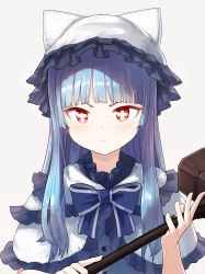 Rule 34 | &gt;:(, 1girl, animal ears, animal hat, blouse, blue bow, blue hair, blunt bangs, bow, capelet, cat ears, cat hat, closed mouth, commentary request, frilled capelet, frills, frown, grey background, hammer, hands up, hat, highres, holding, holding hammer, long hair, looking at viewer, nosuku, original, red eyes, shirt, solo, v-shaped eyebrows, very long hair, white capelet, white hat, white shirt