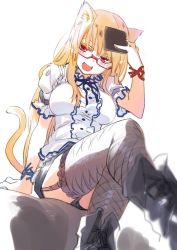 Rule 34 | 1girl, :d, blonde hair, boots, breasts, cat, cat tail, fang, fishnet thighhighs, fishnets, garter straps, glasses, hand on own head, holding, leg up, long hair, notepad, open mouth, original, pine-chan ver. 2, pine (pine-box), red eyes, ribbon, simple background, sitting, smile, solo, tail, thighhighs, wrist ribbon