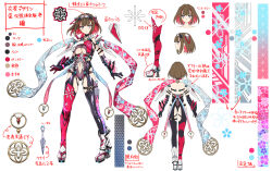 +_+ 1girl blue_eyes boots breasts brown_hair cleavage clothing_cutout color_guide concept_art floral_print flower-shaped_pupils from_behind gloves hair_ornament high_heel_boots high_heels highres horns kunai large_breasts mechanical_horns metal_hairband multicolored_hair navel navel_cutout ninja official_alternate_costume official_art pink_hair print_scarf scarf senran_kagura senran_kagura_new_link short_hair symbol-shaped_pupils thigh_boots toki_(senran_kagura) translation_request two-tone_hair underboob weapon