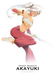 Rule 34 | 1girl, absurdres, alternate costume, aqua eyes, artist name, bandages, bandaged foot, bracelet, closed mouth, collar, collarbone, concept art, dark skin, flat chest, fun shalam, guardian tales, highres, holding, holding sword, holding weapon, jewelry, leg up, long hair, looking to the side, navel, pants, ponytail, red pants, sleeveless, smile, sword, swordsman akayuki, weapon, white background
