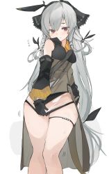 Rule 34 | 1girl, arknights, black gloves, detached sleeves, dress, embarrassed, gloves, grey dress, highres, light blush, looking at viewer, mikozin, pussy, red eyes, see-through, see-through skirt, silver hair, simple background, single glove, skirt, skirt tug, solo, thigh strap, weedy (arknights), white background
