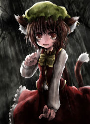 Rule 34 | 1girl, animal ears, brown eyes, brown hair, cat tail, chen, female focus, hat, kurona, multiple tails, outdoors, rain, skirt, solo, tail, touhou, wet