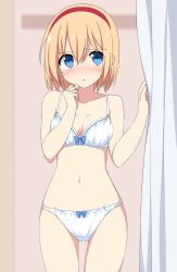 Rule 34 | 1girl, alice margatroid, bare arms, bare shoulders, blonde hair, blue bow, blue eyes, blush, bow, bow bra, bow panties, bra, breasts, cleavage, collarbone, cowboy shot, curtain grab, curtains, enushi (toho193), hairband, highres, looking at viewer, navel, panties, parted lips, red hairband, short hair, solo, stomach, thighs, touhou, underwear, underwear only, white bra, white panties