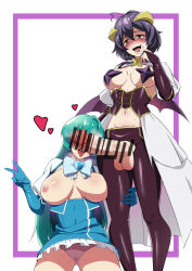 Rule 34 | 2girls, ahoge, bar censor, bow, bowtie, breasts, bridal gauntlets, censored, demon horns, demon wings, elbow gloves, futa with female, futanari, gloves, gluteal fold, hair between eyes, heart, highres, horns, large breasts, large penis, long hair, magia azul, magia baiser, mahou shoujo ni akogarete, medium breasts, multiple girls, navel, nipples, open mouth, panties, penis, penis on face, penis over eyes, short hair, teeth, testicles, tongue, tongue out, underwear, v, wings, xllam