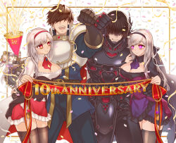 Rule 34 | 2boys, 3girls, anna (sennen sensou aigis), anniversary, armor, ascot, bird, black armor, black bird, black cape, black dress, black gloves, black hairband, black thighhighs, blue pants, blue shirt, breastplate, breasts, brooch, cape, chibi, cleavage, commentary, confetti, dark anna (sennen sensou aigis), dark prince (sennen sensou aigis), dated, dress, elbow gloves, fist bump, frilled skirt, frills, gloves, grin, hair ornament, hair over eyes, hairband, highres, holding, holding party popper, holding ribbon, holding rope, inset border, jewelry, large breasts, leo tail, lich (sennen sensou aigis), long hair, looking at another, multiple boys, multiple girls, open mouth, outside border, pants, party popper, prince (sennen sensou aigis), purple ascot, purple eyes, purple skirt, red ascot, red cape, red eyes, red hairband, red skirt, ribbon, rope, sennen sensou aigis, shirt, skirt, skull hair ornament, smile, standing, streamers, teeth, thighhighs, twitter username, two-sided cape, two-sided fabric, upper teeth only, white background, white cape, white hair