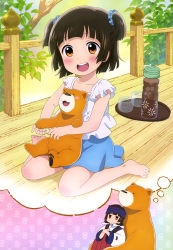 Rule 34 | 10s, 1girl, :d, absurdres, amayadori machi, barefoot, bear, black hair, blouse, blush, blush stickers, brown eyes, casual, daydream, drink, feet, highres, japanese clothes, jitome, kumai natsu, kumamiko, legs, low twintails, miko, non-web source, nyantype, official art, open mouth, shirt, sitting, smile, solo, thought bubble, toes, twintails, two side up, white shirt, aged down