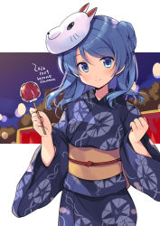Rule 34 | 1girl, blue eyes, blue hair, blue kimono, blurry, breasts, candy apple, commentary request, cowboy shot, dated, depth of field, double bun, floral print, food, fox mask, japanese clothes, kantai collection, kimono, looking at viewer, mask, mask on head, medium breasts, odawara hakone, one-hour drawing challenge, smile, solo, twitter username, urakaze (kancolle), yukata