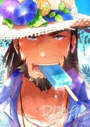 Rule 34 | 1boy, alternate costume, beard, blue flower, cover, cover page, cowboy shot, doujin cover, facial hair, flower, food, hat, hawaiian shirt, highres, ice cream, jewelry, karipaku, league of legends, long hair, looking at viewer, male focus, mature male, necklace, portrait, shirt, solo, straight-on, straw hat, summer, sunlight, twisted fate