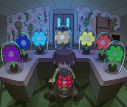 Rule 34 | 1other, :|, aqua flower, argyle, argyle background, argyle clothes, backlighting, blue flower, brown hair, brown pants, cage, closed mouth, deltarune, door, expressionless, fisheye, flower, flower shop, glass container, green flower, green sweater, hair over eyes, hidden eyes, highres, houten (dre a mer), kris (deltarune), orange flower, pants, purple flower, red flower, refrigerator, shop, sitting, solo, sweater, television, yellow flower