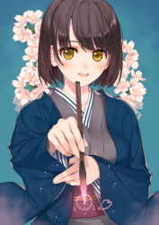 Rule 34 | 1girl, amamiya chiharu, blue background, brown hair, cherry blossoms, collarbone, holding, holding paintbrush, japanese clothes, kimono, original, paintbrush, smile, yellow eyes