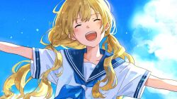 Rule 34 | 1girl, ^ ^, ado (utaite), blonde hair, blue neckerchief, blue sailor collar, blush, closed eyes, cloud nine inc, collarbone, commentary request, highres, himawari (ado), hinata (ado), long hair, low twintails, mele ck, neckerchief, open mouth, outstretched arms, sailor collar, school uniform, serafuku, shirt, short sleeves, smile, solo, spread arms, twintails, upper body, white shirt