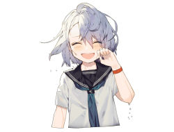 Rule 34 | 1girl, :d, ^ ^, black sailor collar, blue neckwear, blush, closed eyes, commentary request, cropped torso, closed eyes, facing viewer, fingernails, hand up, highres, kitada mo, looking at viewer, open mouth, original, sailor collar, school uniform, serafuku, shirt, short hair, short sleeves, silver hair, simple background, smile, solo, upper body, wet, wet hair, white background, white shirt