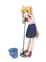 Rule 34 | 1girl, ahoge, blonde hair, blue skirt, blush stickers, bocchi the rock!, bow, bowtie, broom, bucket, bucket of water, detached ahoge, dot nose, full body, highres, holding, holding broom, ijichi nijika, long hair, long sleeves, maring song, planted, pleated skirt, polka dot, polka dot bow, polka dot bowtie, red bow, red bowtie, red eyes, red footwear, school uniform, shimokitazawa high school uniform, shirt, shirt tucked in, side ponytail, simple background, skirt, sleeves rolled up, standing, white background, white shirt
