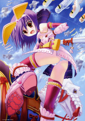 Rule 34 | 1girl, absurdres, animal ears, ass, day, elbow gloves, female focus, gloves, highres, nanao naru, outdoors, panties, pantyshot, purple hair, rabbit ears, short hair, sky, solo, striped clothes, striped panties, sword, thighhighs, underwear, weapon