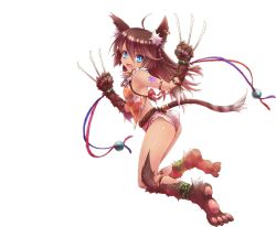 Rule 34 | 1girl, :d, animal ear fluff, animal ears, animal hands, anklet, braid, breasts, brown hair, cat ears, cat tail, claw (weapon), dark skin, earrings, fangs, full body, fur, gradient hair, jewelry, long hair, multicolored hair, official art, open mouth, sennen sensou aigis, single earring, sleeveless, smile, tail, transparent background, tsukigami chronica, ur (sennen sensou aigis), v-shaped eyebrows, weapon, white hair